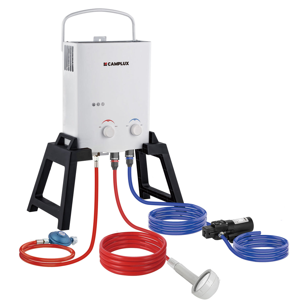 CAMPLUX 5 Liter Gasdurchlauferhitzer mit Stütz & Wasserpumpe, LPG, 50mbar, für Campingdusche/ Wohnmobilausflug, AY132Max-DE mit Tragetasche