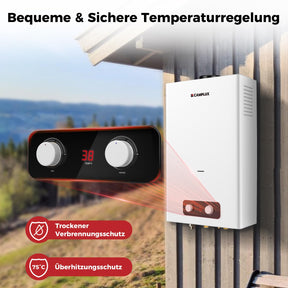 Gasdurchlauferhitzer 16 Liter, CAMPLUX BD422-DE Propan-/ Butan Gasdusche, 50mbar, 32 kW, für den Außenbereich/Camping/Gartennutzung [Energieklasse A+]