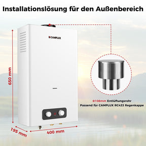 Gasdurchlauferhitzer 16 Liter, CAMPLUX BD422-DE Propan-/ Butan Gasdusche, 50mbar, 32 kW, für den Außenbereich/Camping/Gartennutzung [Energieklasse A+]