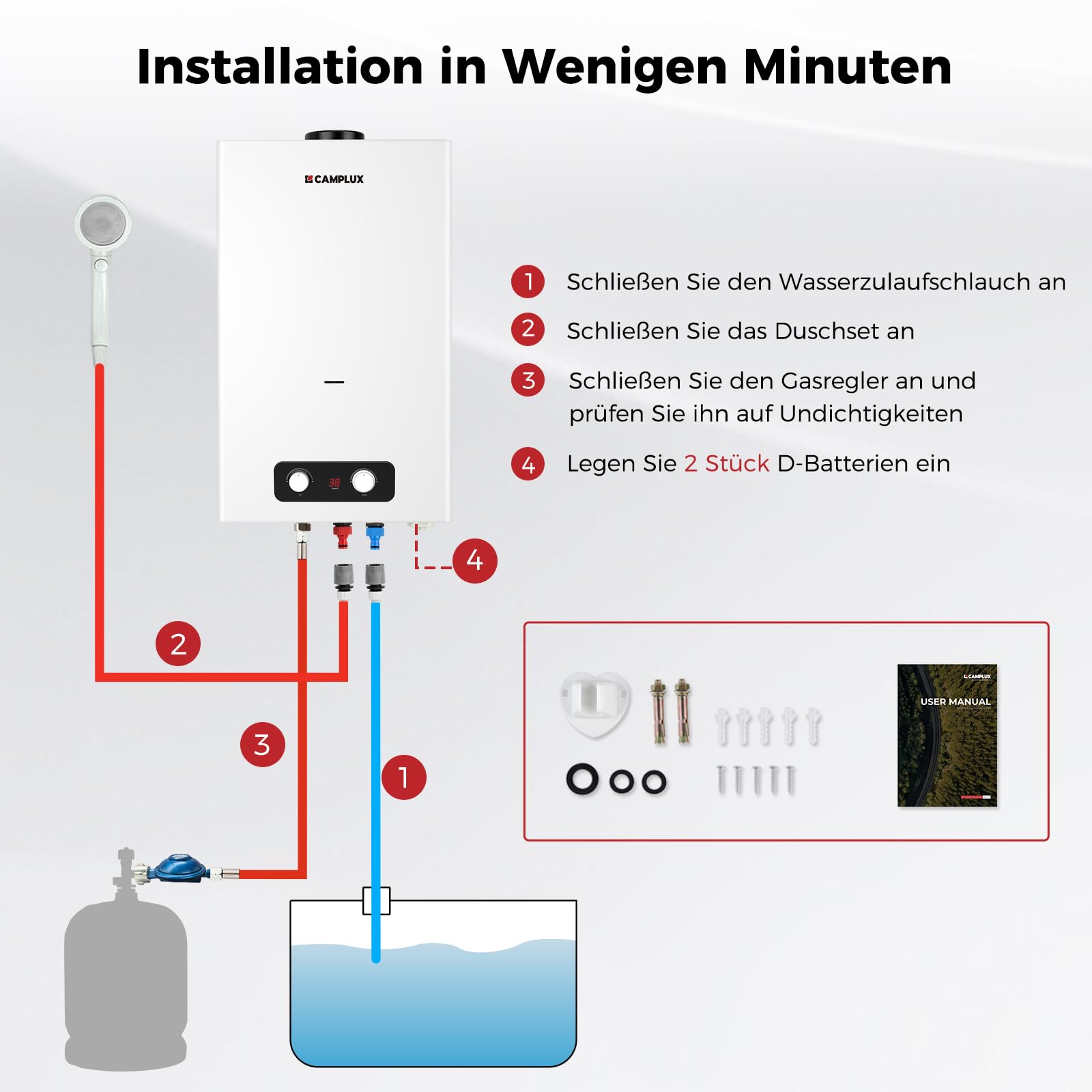 Gasdurchlauferhitzer 16 Liter, CAMPLUX BD422-DE Propan-/ Butan Gasdusche, 50mbar, 32 kW, für den Außenbereich/Camping/Gartennutzung [Energieklasse A+]