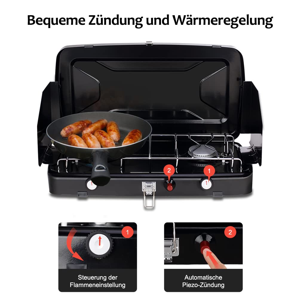 Camplux JK-8620-DE Campingkocher 2-Flammig, Kompakter Camping Gaskocher mit Deckel, Tragbarer Gasherd Outdoor, 50mbar, 2400 Watt, LPG