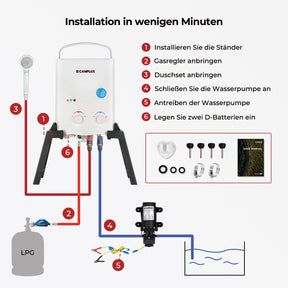 CAMPLUX AY132MAX Gasdurchlauferhitzer mit Stütz & Wasserpumpe