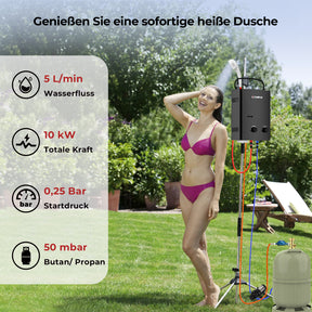 CAMPLUX AY132BP43-DE 5 Liter Gasdurchlauferhitzer mit 4,3L Wasserpumpe, Tankloser LPG Wassererhitzer mit Klappbarem Griff, für Camping Dusche/RV Reise/Waschen Pferd, Schwarz, 50mbar