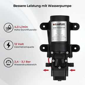 CAMPLUX AY132BP43-DE 5 Liter Gasdurchlauferhitzer mit 4,3L Wasserpumpe, Tankloser LPG Wassererhitzer mit Klappbarem Griff, für Camping Dusche/RV Reise/Waschen Pferd, Schwarz, 50mbar