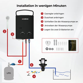 CAMPLUX AY132BP43-DE 5 Liter Gasdurchlauferhitzer mit 4,3L Wasserpumpe, Tankloser LPG Wassererhitzer mit Klappbarem Griff, für Camping Dusche/RV Reise/Waschen Pferd, Schwarz, 50mbar