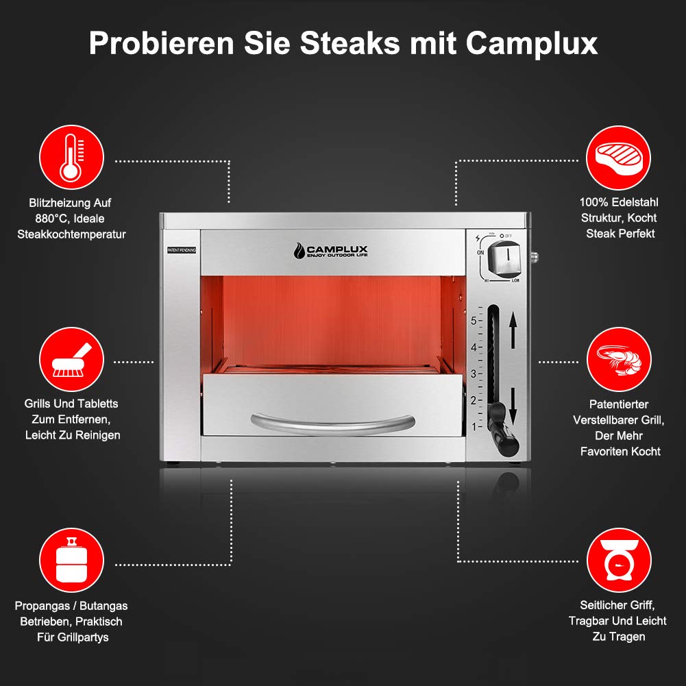 Camplux SG102 Tragbar Oberhitze Gasgrill 3,2kW, Hochleistungs Steakgrill aus Edelstahl, 880°C Hochtemperaturgrill mit 5 Höhenstufen